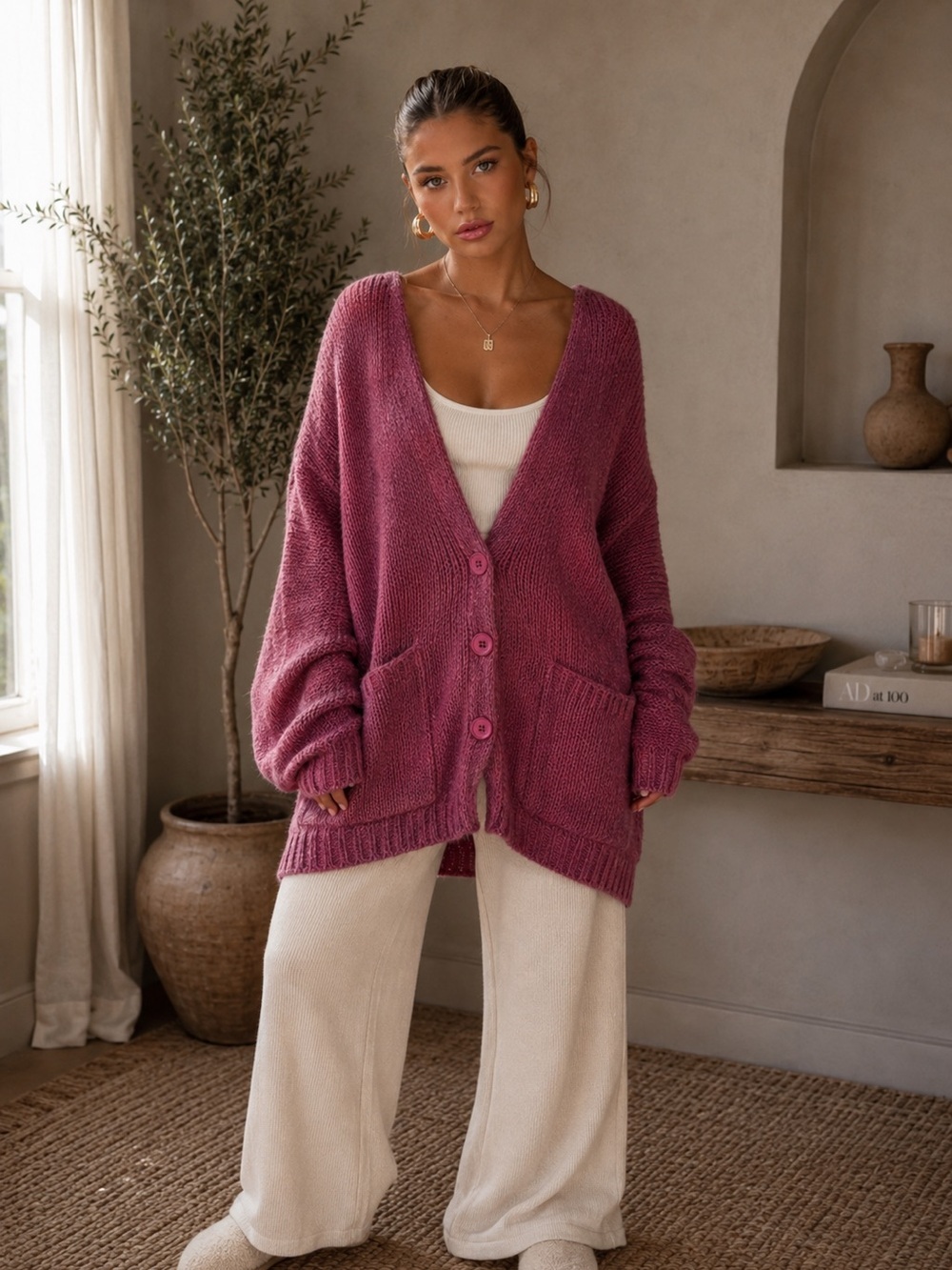 Easel Raspberry Slouchy Knit Cardigan Sweater Soft Oversized New S-L ET21418 - Picture 6 of 8